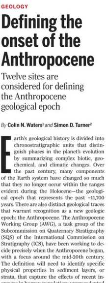 Science magazine article title box: Defining the onset of the Anthropocene, by Colin N. Waters and Simon D. Turner