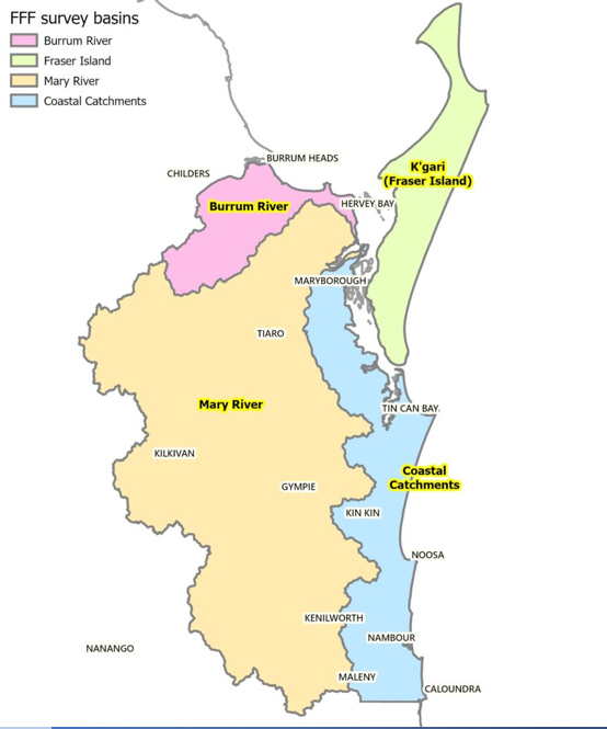 Map of the Mary River, Burrum River, coastal catchments and K'gari (Fraser Island) survey basins
