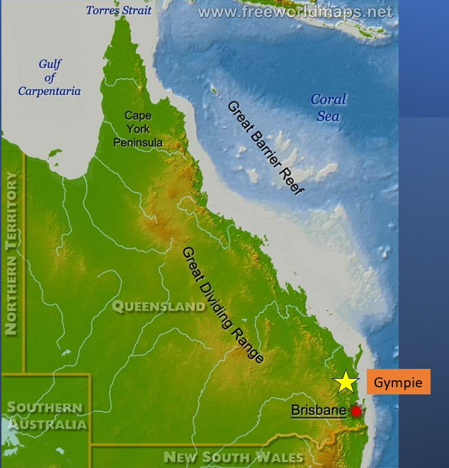 Map of Queensland, Australia, showing the location of Gympie north of Brisbane