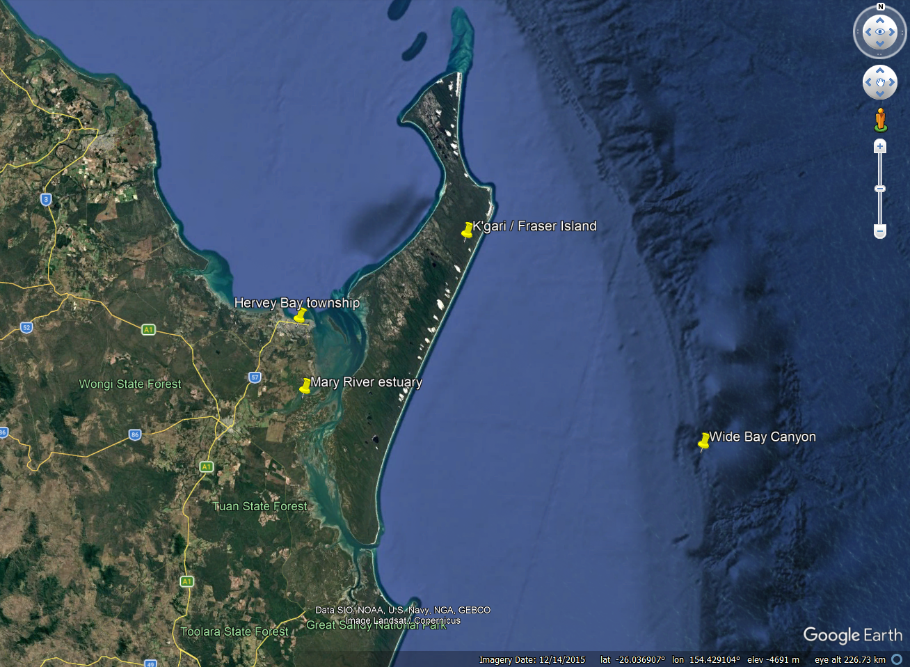 Google Earth image of K’gari (Fraser Island)