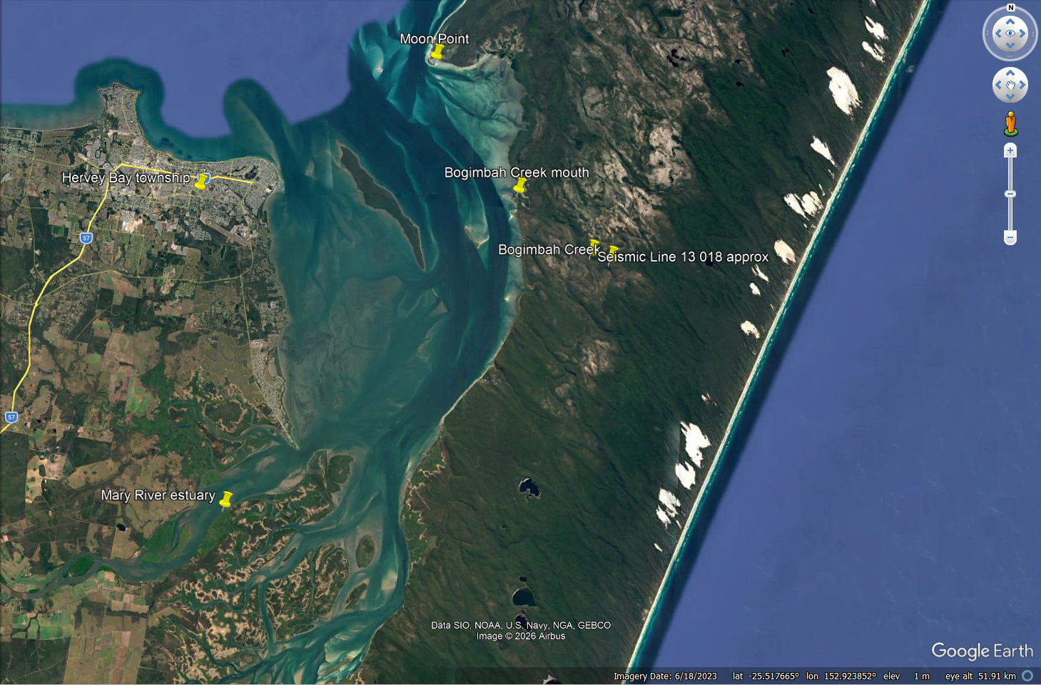 Map showing Bogimbah Creek, the Mary River estuary and Seismic Line 13 018