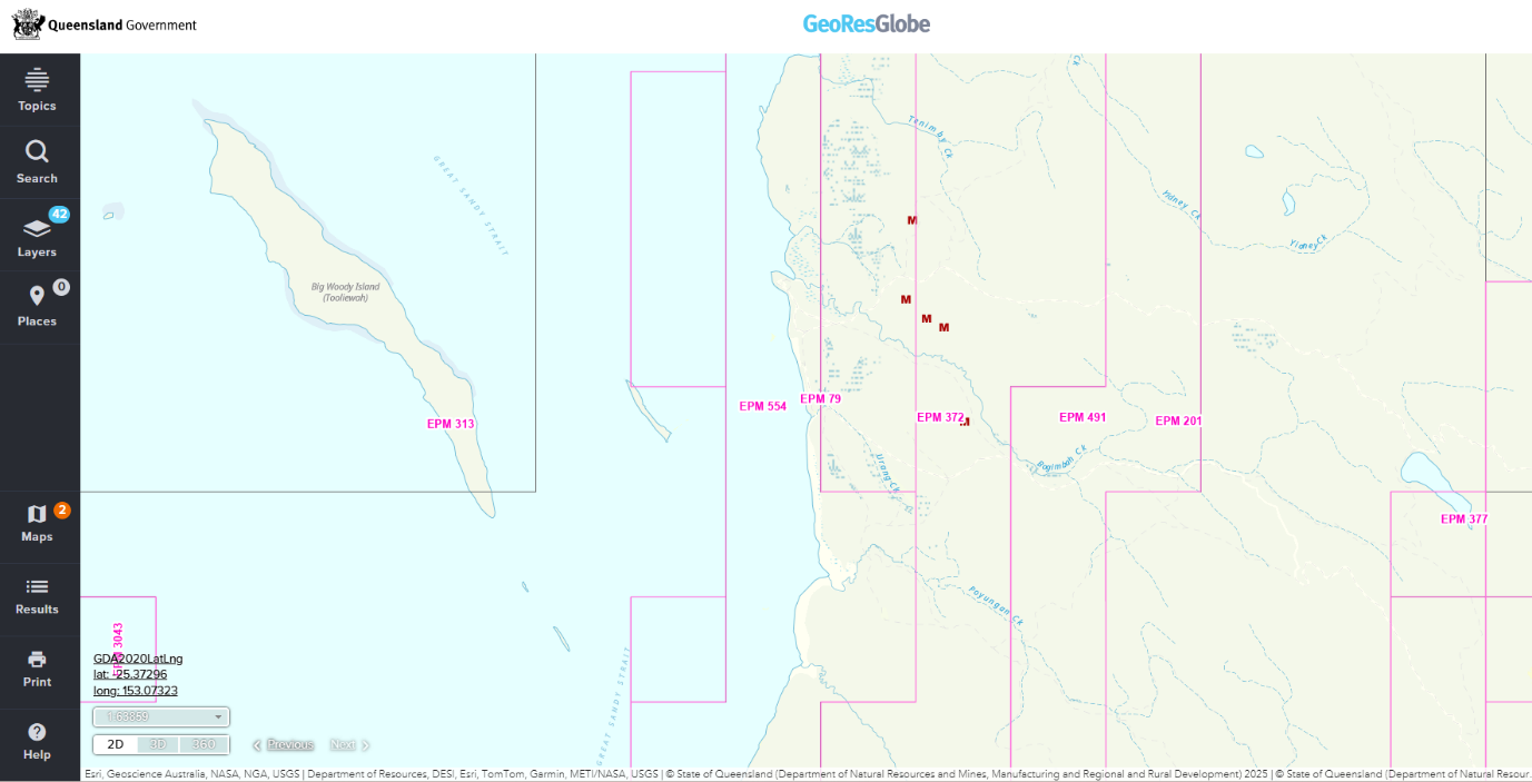 GeoResGlobe map of Exploration Permits for Minerals near Bogimbah Creek